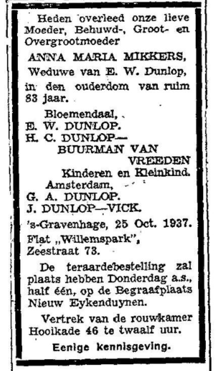 1937 25-10 overlijden Mevr. Dunlop-Mikkers